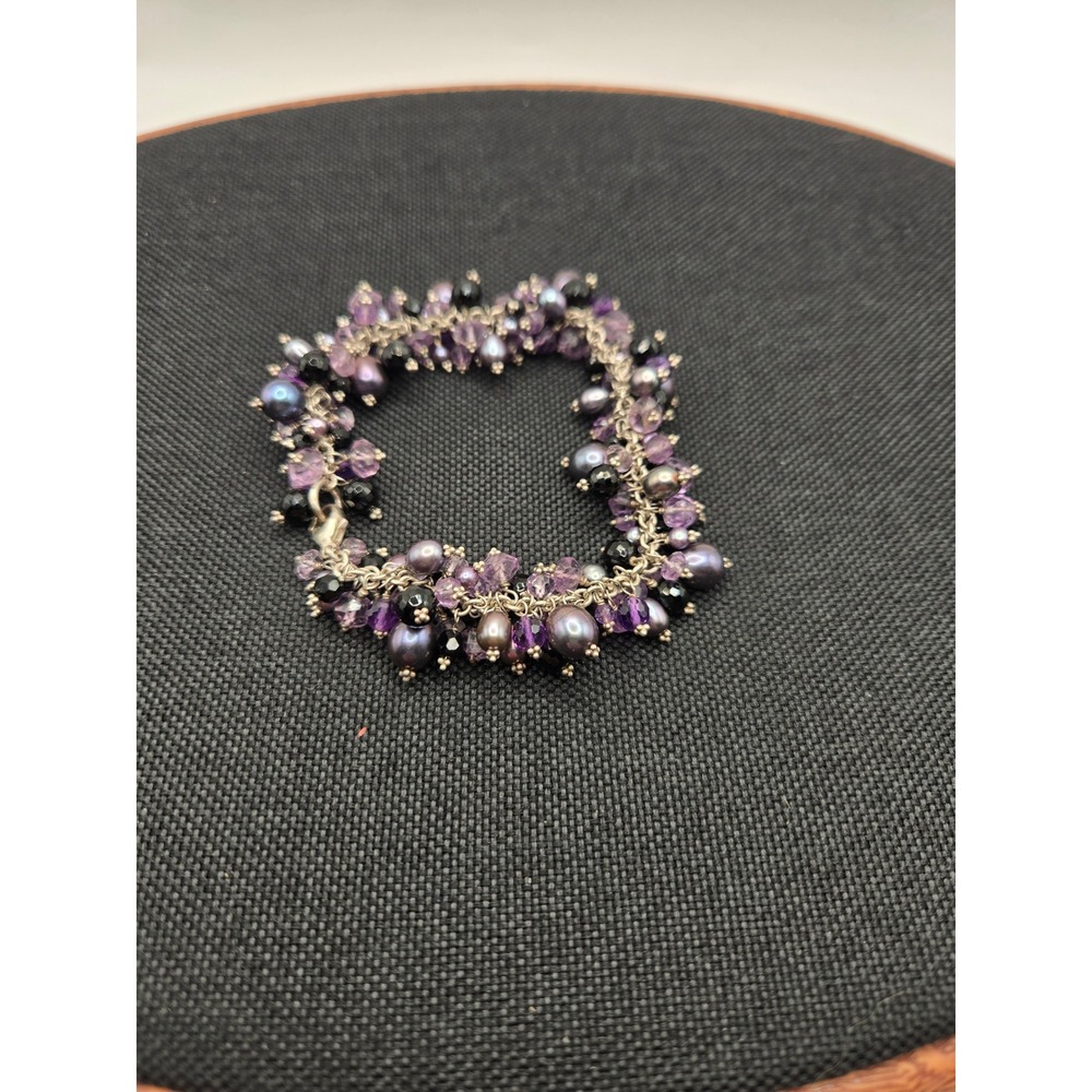 Amethyst Black Onyx Purple Freshwater Pearl Cluster Charm Bracelet 7.25"